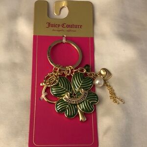 Juicy Couture Gold Tone & Green Lucky Clover Keychain Bag Charm JC & Tassel NWT